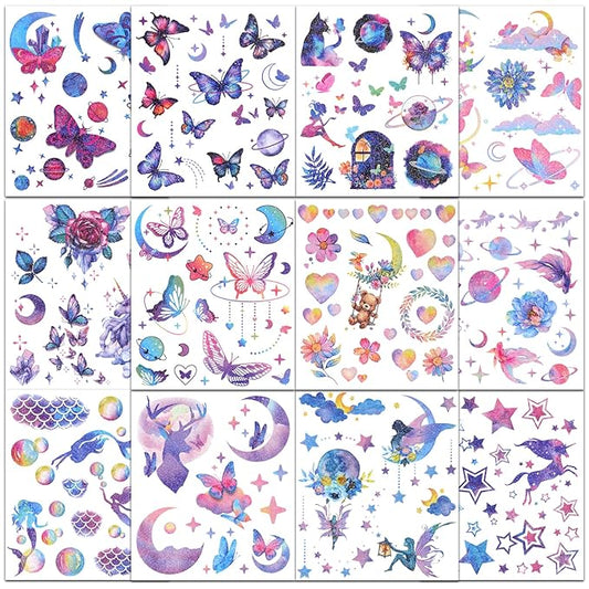 Ozepao Glitter Temporary Tattoos for Girls, 12 Sheets of Mixed