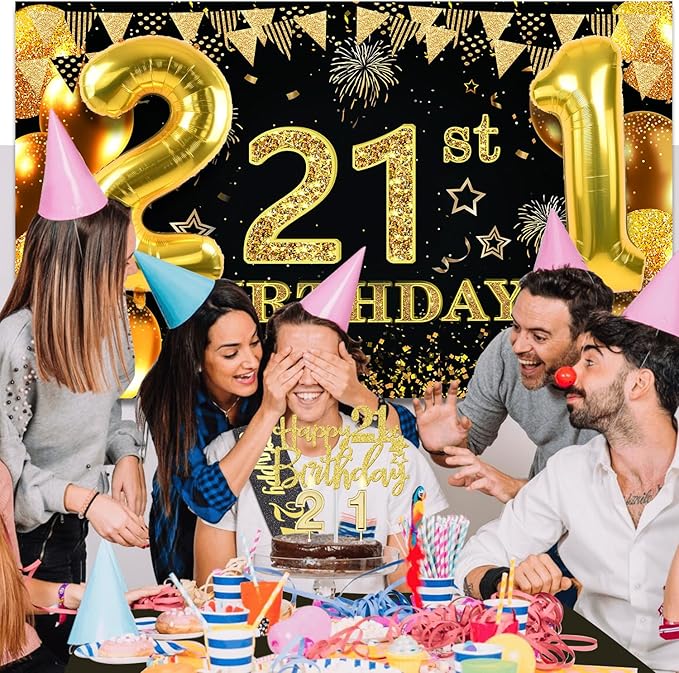 21st Birthday Decorations for Him Her with Banner Black and Gold