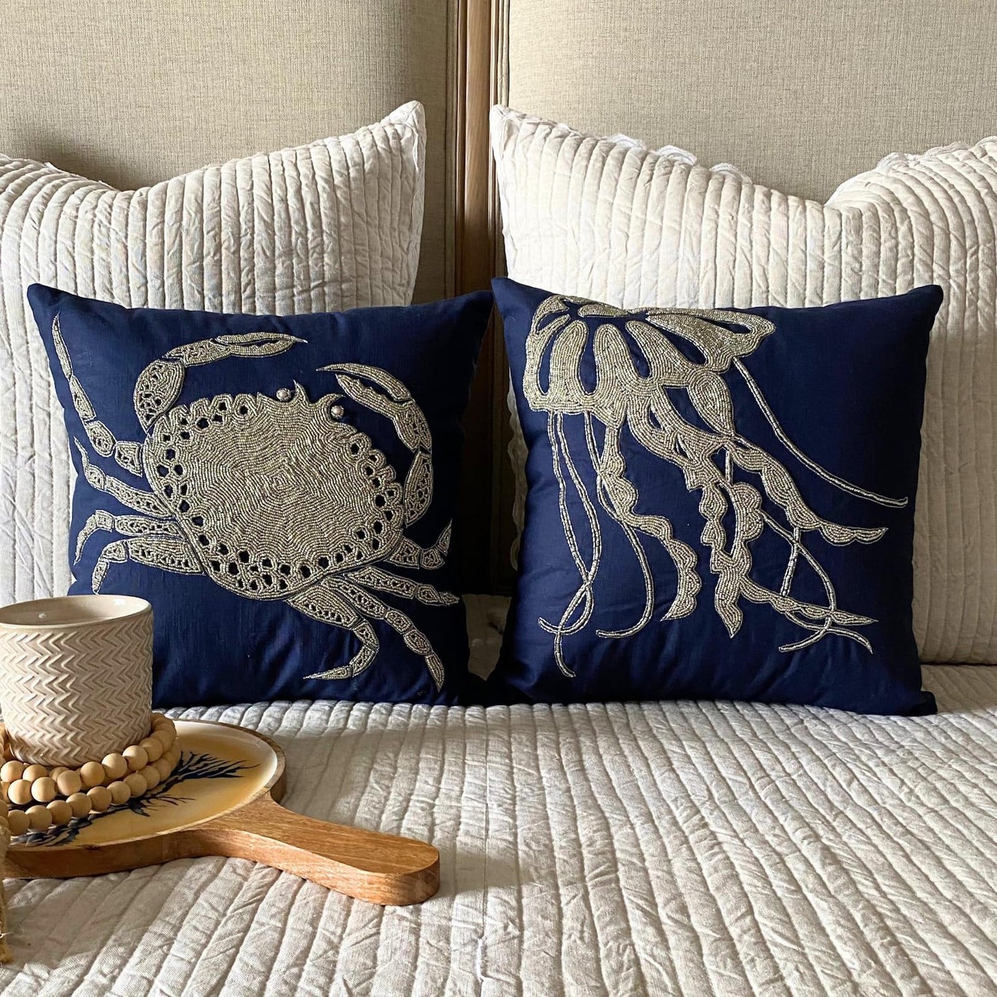 The HomeCentric Navy Blue Throw Pillow Cover Beaded Jelly Fish Sea