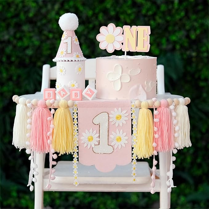 Pink Daisy Baby First Birthday Party Decorations Blue High Chair