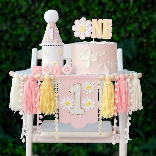 Pink Daisy Baby First Birthday Party Decorations Blue High Chair