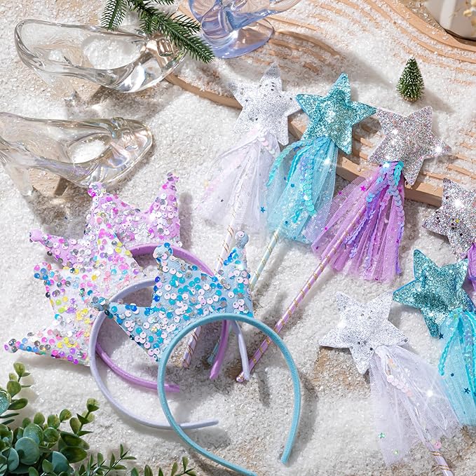 12 Pcs Princess Party Favors Star Shaped Wands and Sequin Crown