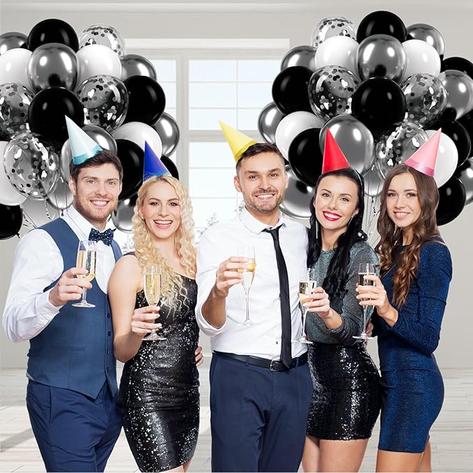 60pcs Black and Silver Balloons 12inch, Black and White Balloons with