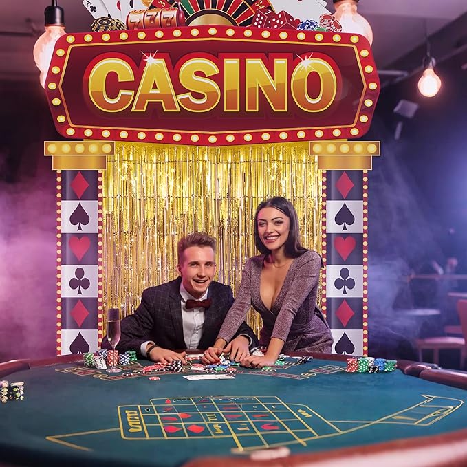 3 Pcs Casino Night Porch Sign Banner with Fringe Backdrop Curtains