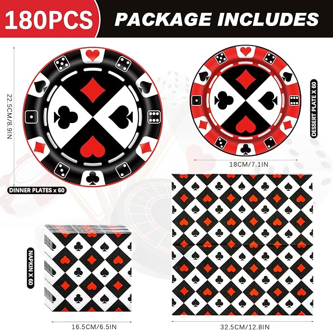 180PCS Casino Party Supplies Serve 60 Poker Party Paper Plates and