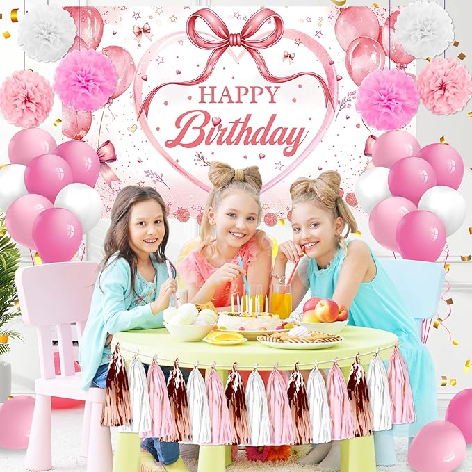 Pink Rose Gold Birthday Decorations for Girls Women Pink Bow Happy