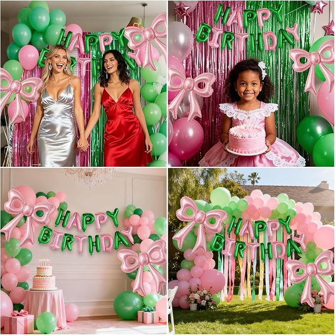Pink and Green Happy Birthday Balloons, 31”Huge Pink Bow Aluminum