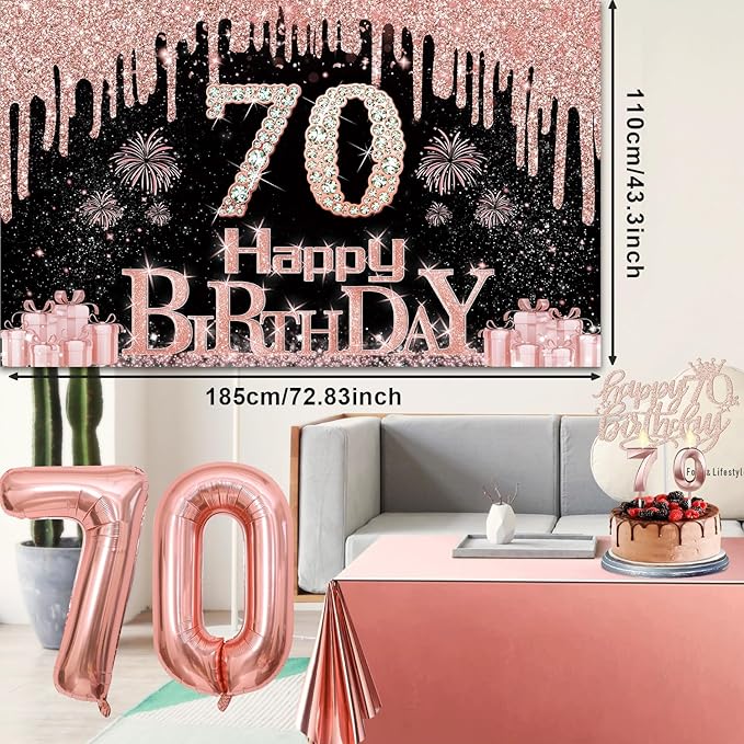 70th Birthday Decorations for Women with Banner Rose Gold Tablecloth