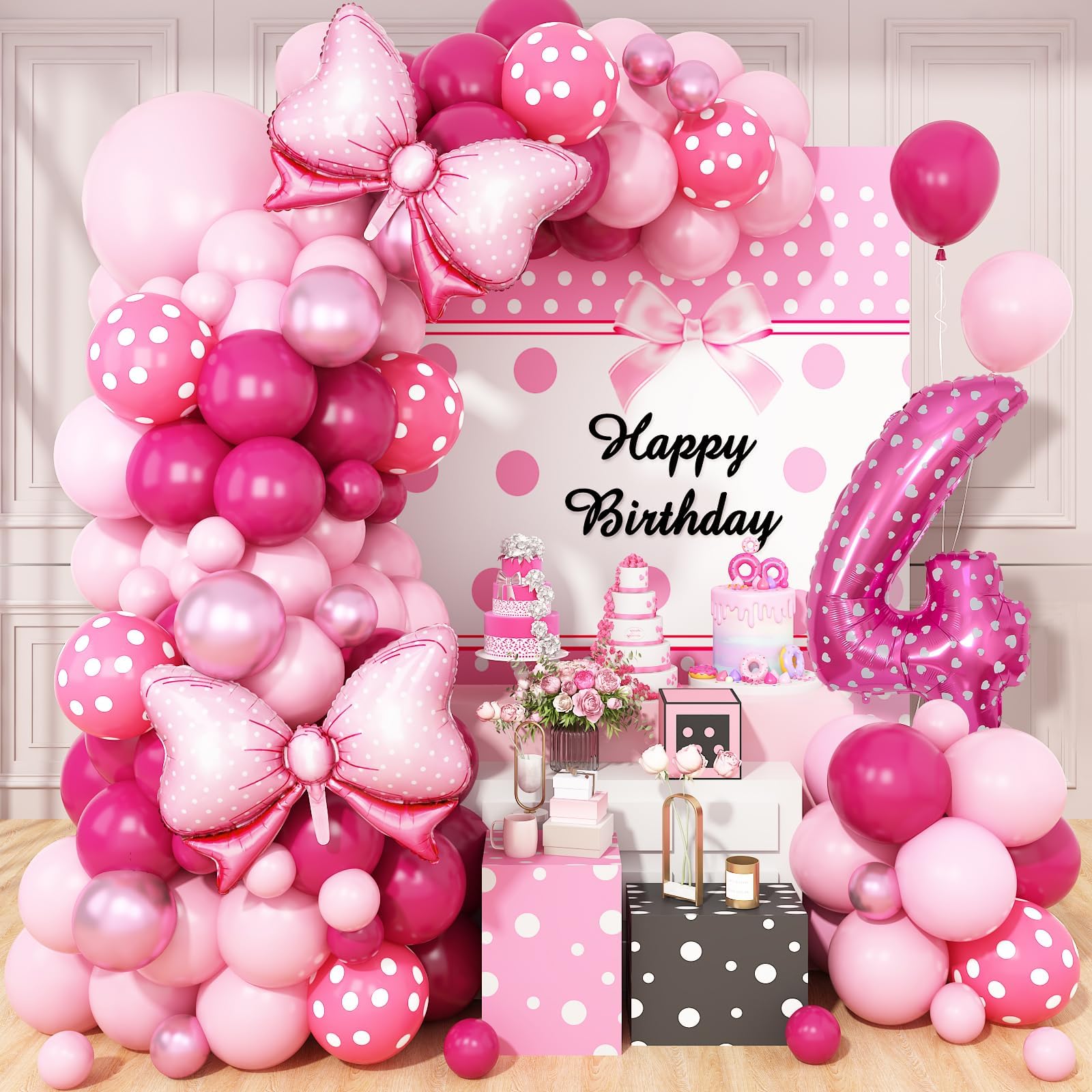 Pink 4th Birthday Balloons Decorations, Hot Pink Rose Polka Dots