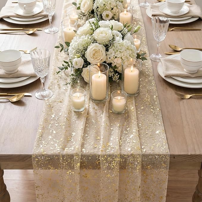 Artoid Mode Gold Gauze Champagne Table Runner 120 Inch 10FT, Glitter