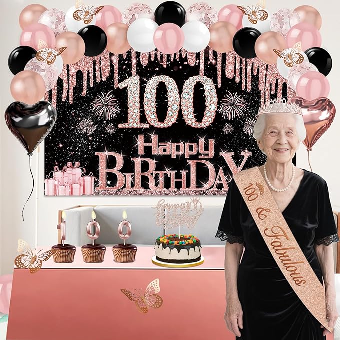 100th Birthday Decorations for Women 49pcs Black Rose Gold Black