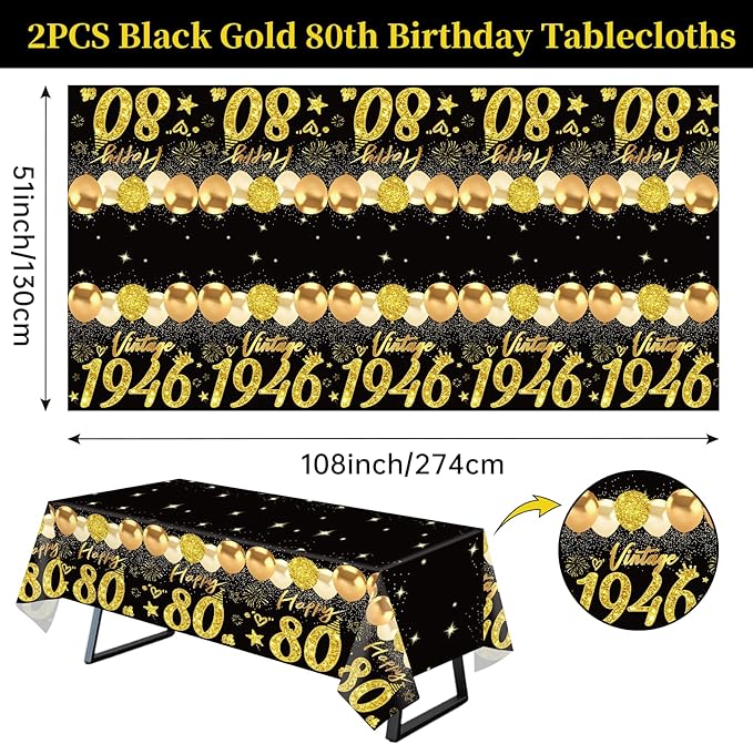 Uiorgui 2pcs 80th Birthday Tablecloth, Black Gold 80th Birthday