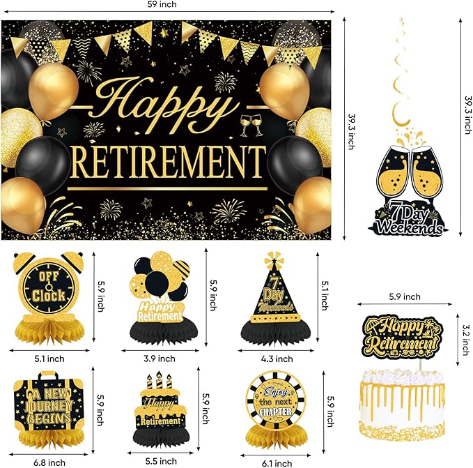 Retirement Party Decorations for Men Women Black Gold Happy