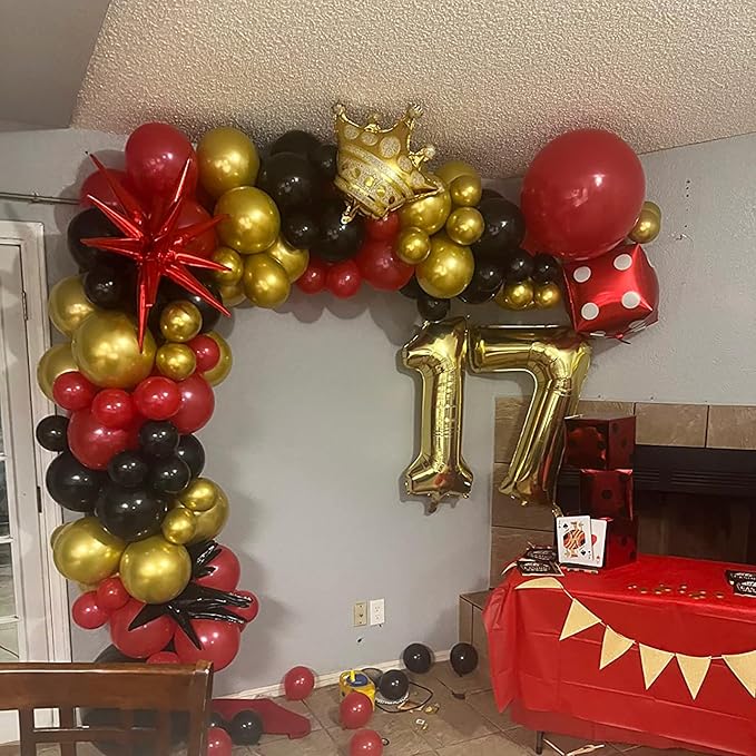 Casino Theme Balloon Arch Kit 104 Pcs Red Black and Gold Metallic