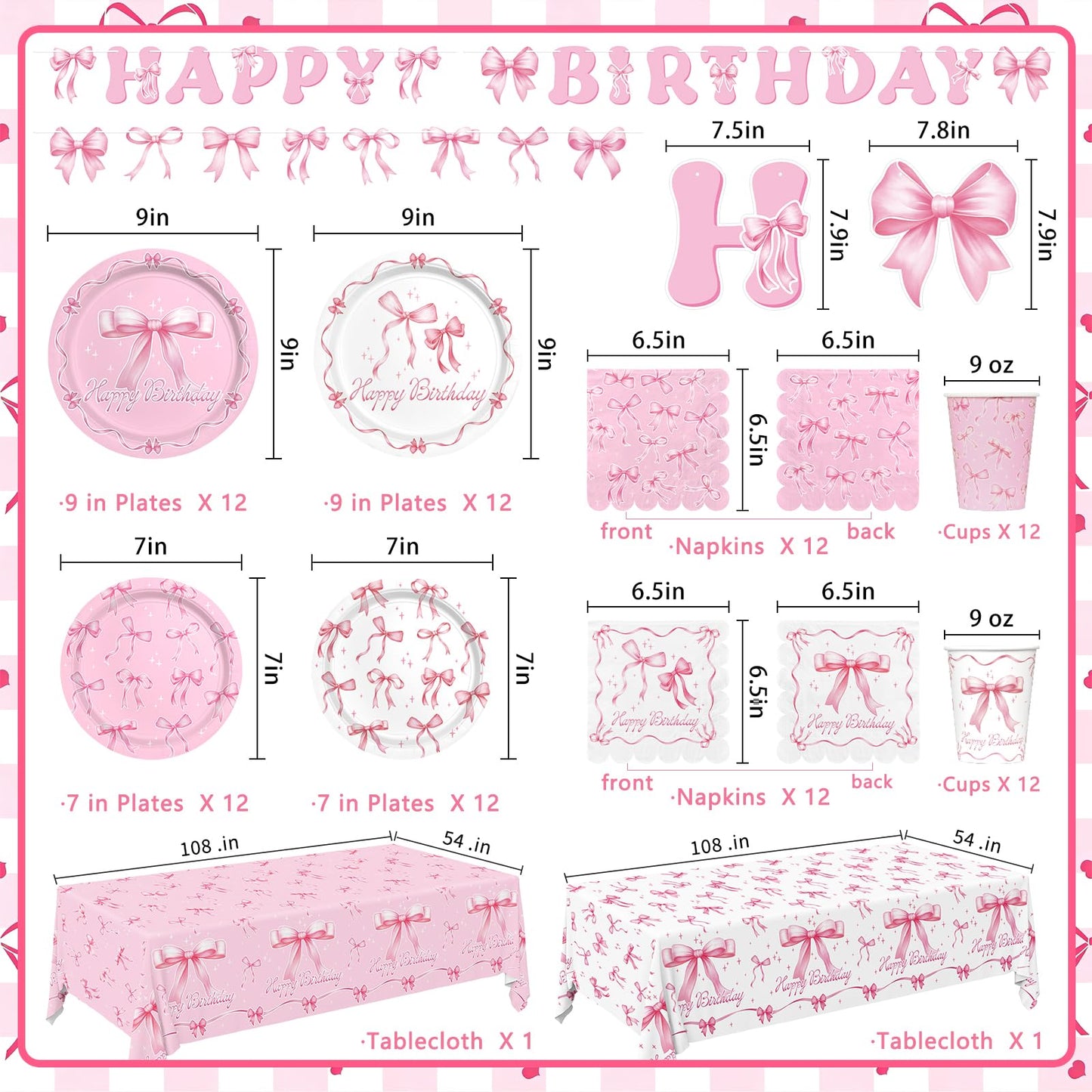 Pink Bow Happy Birthday Decorations Set for 24: Bachelorette Party