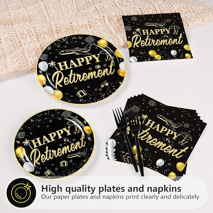 96Pcs Happy Retirement Party Supplies Black Gold Plates and Napkins