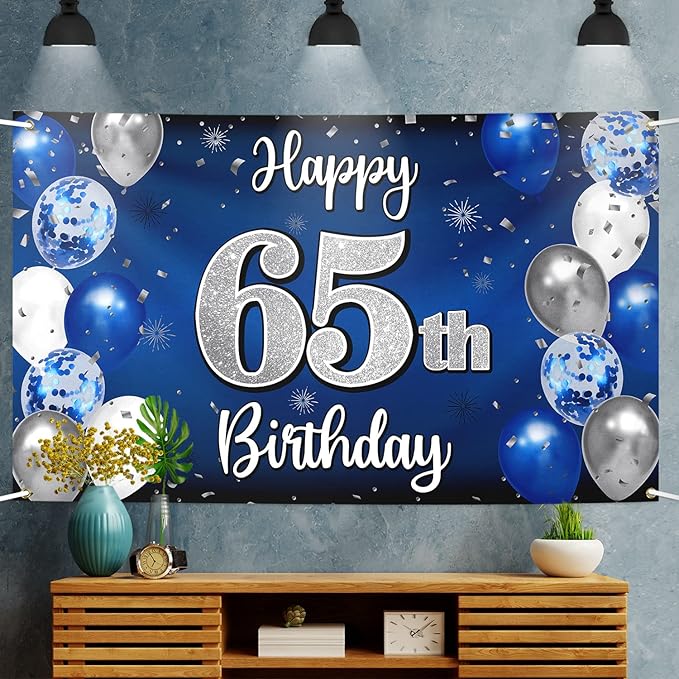 Happy 65th Birthday Decorations 65th Blue & Silver Balloon Large