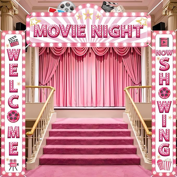 3Pcs Pink Movie Night Porch Banner Decoration Movie Theme Party