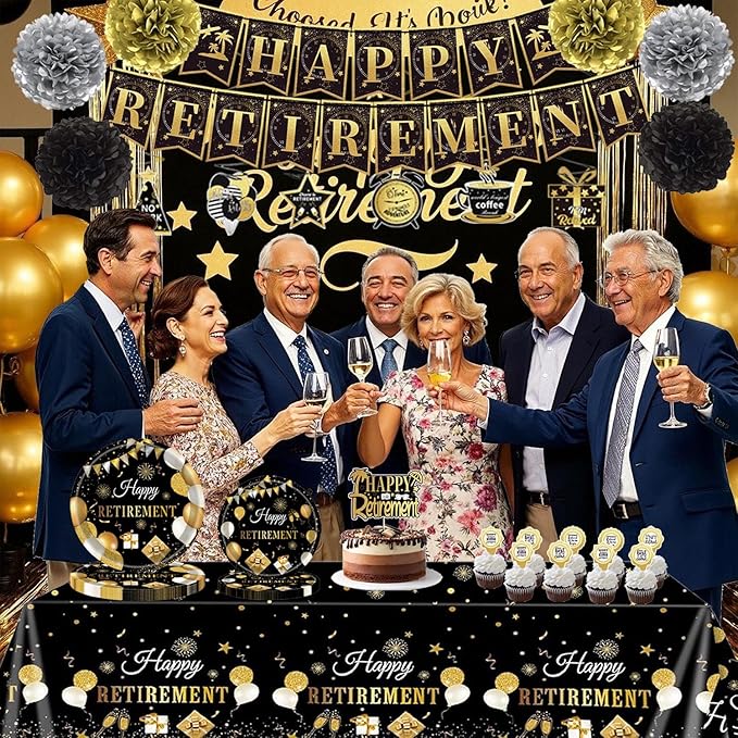 Retirement Party Decorations Black and Gold Napkins Plates