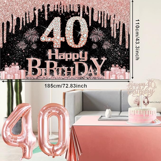 40th Birthday Decorations for Women with Banner Rose Gold Tablecloth