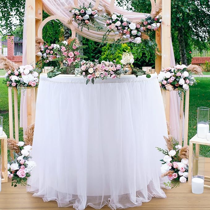 2 Pack 6ft White Tulle Table Skirts for wedding Bridal Shower White
