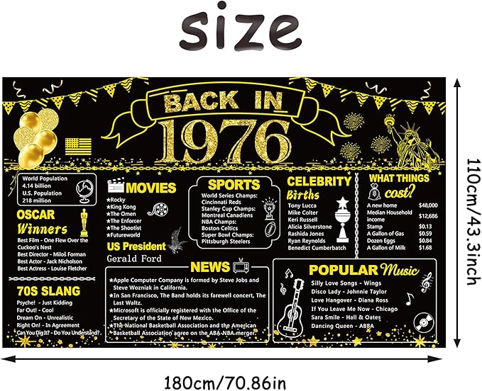 DARUNAXY 50th Birthday Black Gold Party Decoration, Back in 1976