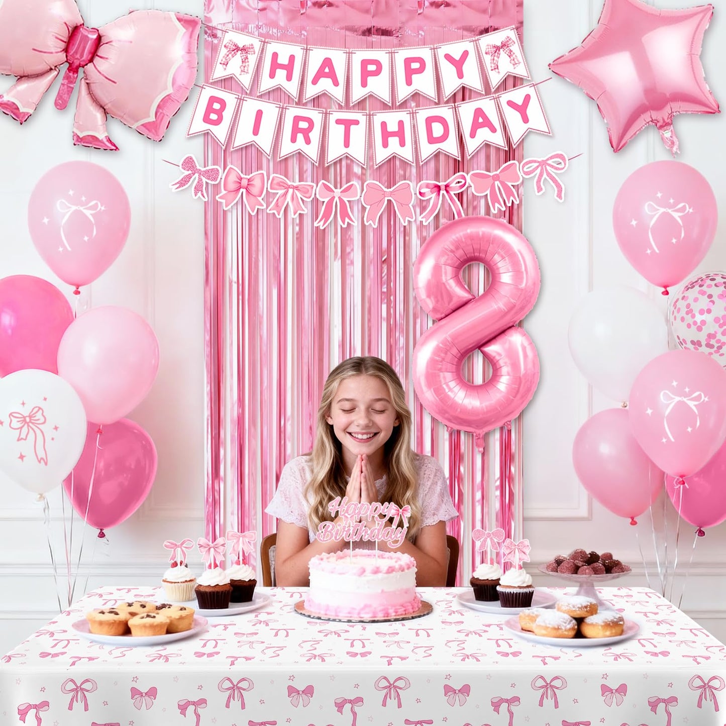 8th Pink Birthday Decorations for Girls, Pink Bow Coquette Birthday