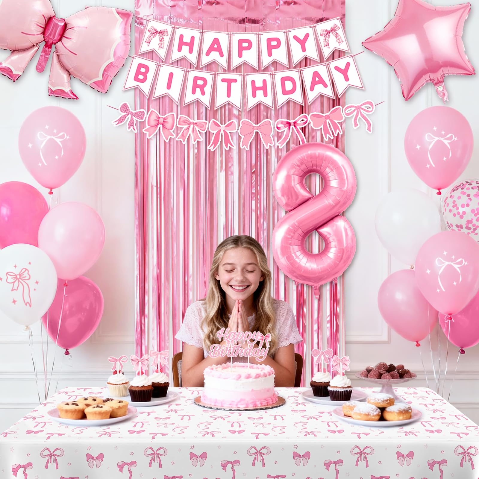 8th Pink Birthday Decorations for Girls, Pink Bow Coquette Birthday