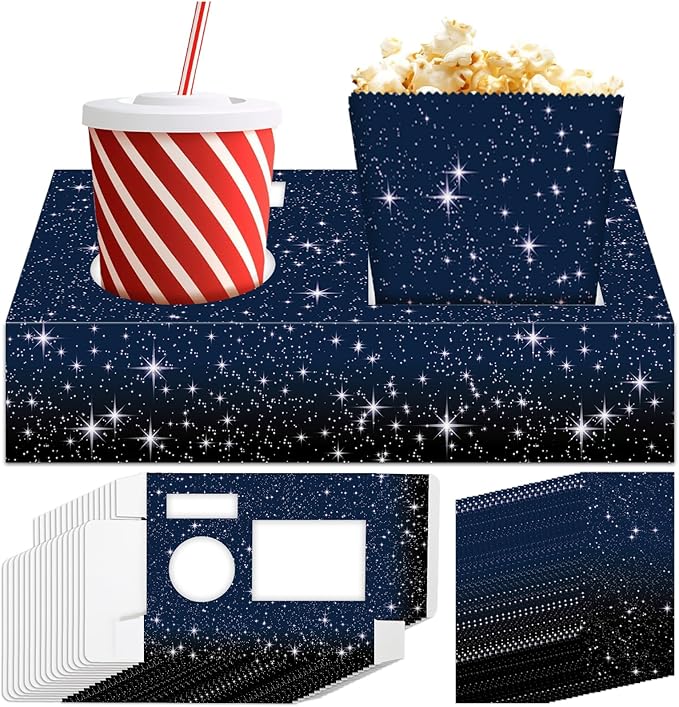 48Pcs Movie Night Supplies 24 Movie Night Snack Trays with 24 Popcorn