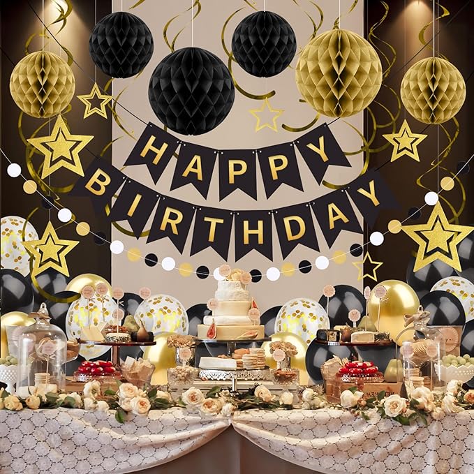 ZERODECO Black Gold Birthday Decorations, Easy to Assemble Happy