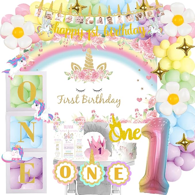 Unicorn 1st Birthday Decorations Girl's First Birthday Party Pack