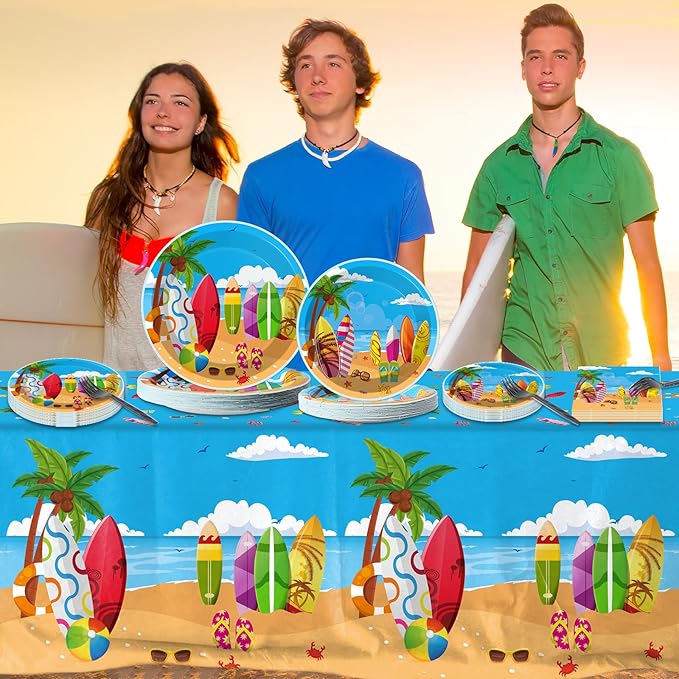 100 Pcs Summer Beach Surfing Party Paper Plates Napkins Supplies for