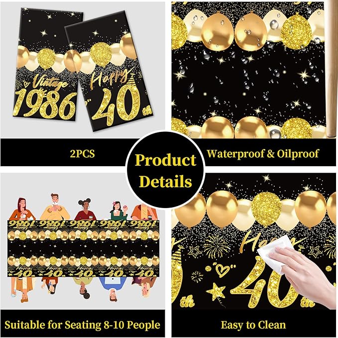 Uiorgui 2pcs 40th Birthday Tablecloth, Black Gold 40th Birthday