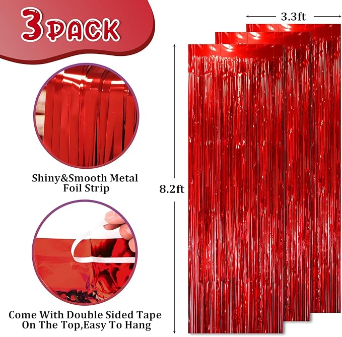 Voircoloria 3 Pack 3.3x8.2 Feet Red Foil Fringe Backdrop Curtains,