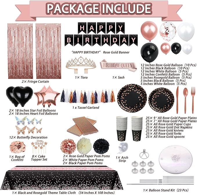 295 Pcs Black And Rose Gold Birthday Decorations Birthday