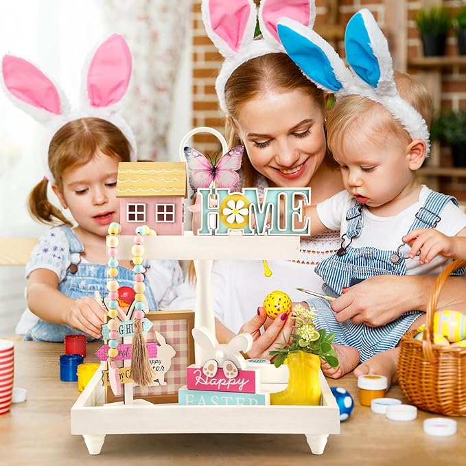 Spring Easter Decorations 8 Pieces Tiered Tray Decor Set Cute