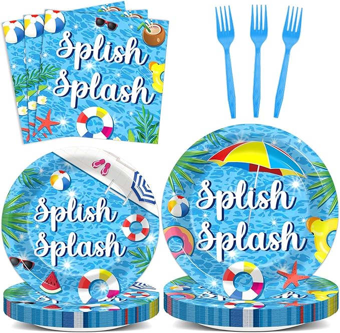 Splish Splash 96Pcs Bash Tableware Set Pool Party Plates Napkins