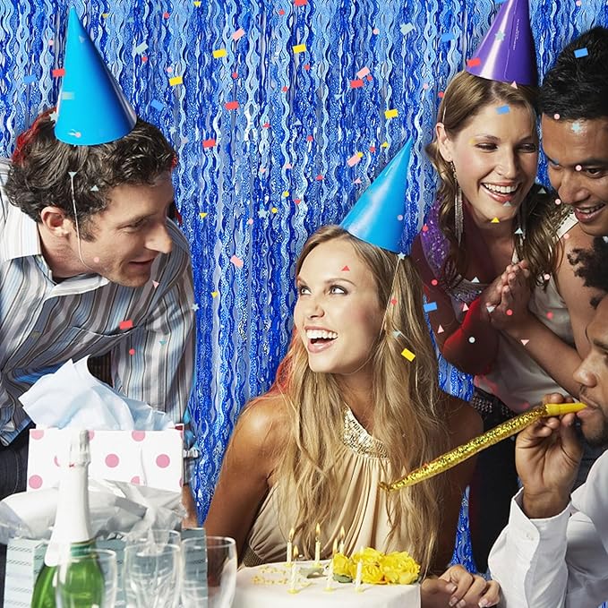 Blue Tinsel Foil Fringe Curtains Wavy Backdrop for Parties Sparkle