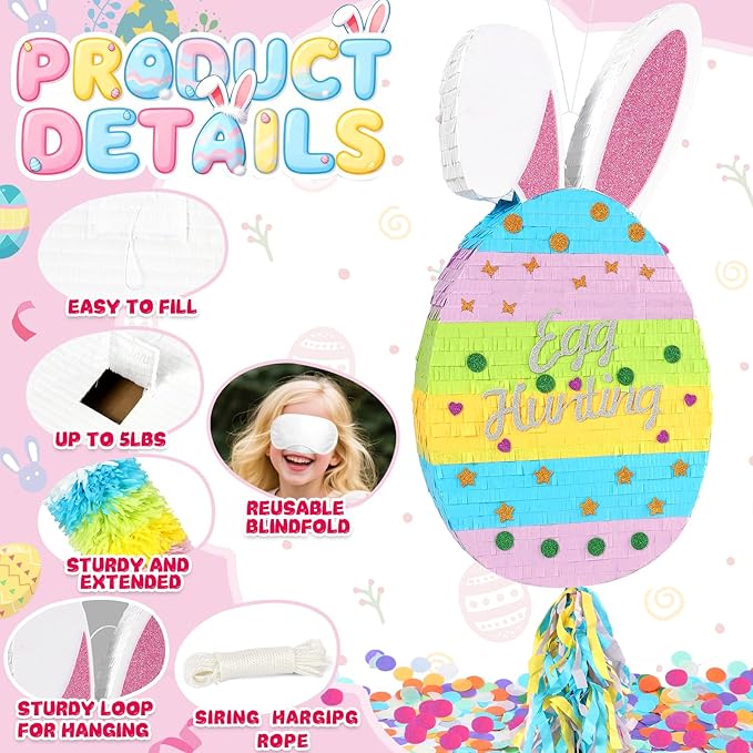 25 Easter Decorations Pinata Bunny Egg Piñata with Blindfold Bat and