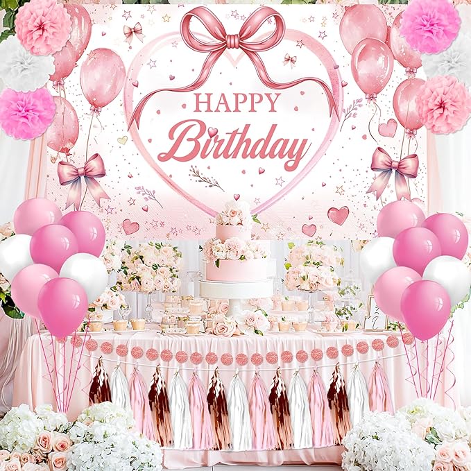 Pink Rose Gold Birthday Decorations for Girls Women Pink Bow Happy