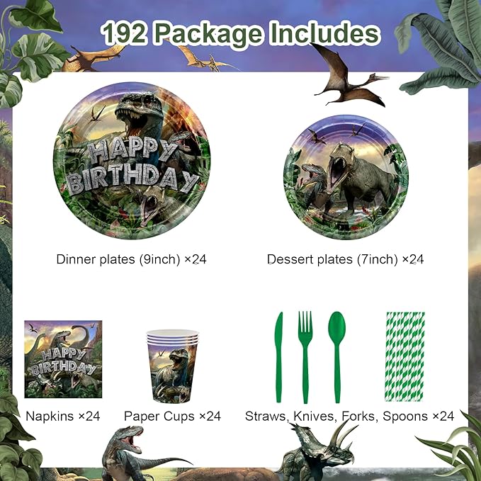 192 Pcs Dinosaur Birthday Party Supplies Jurassic Dinosaur Plates