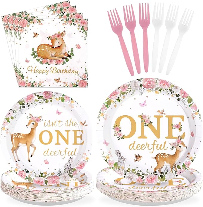 96Pcs Pink Deer Girl 1st Birthday Party Supplies Isn't She
