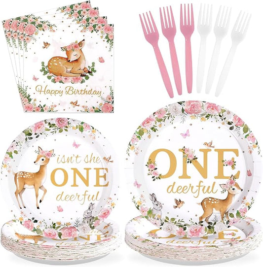 96Pcs Pink Deer Girl 1st Birthday Party Supplies Isn't She