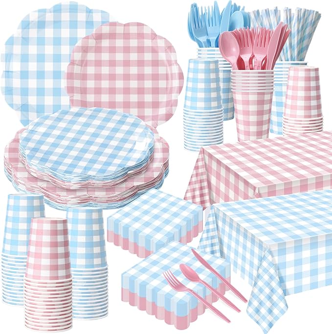 Funnymoom 452 Pcs Gender Reveal Gingham Party Decoration for 50, Pink