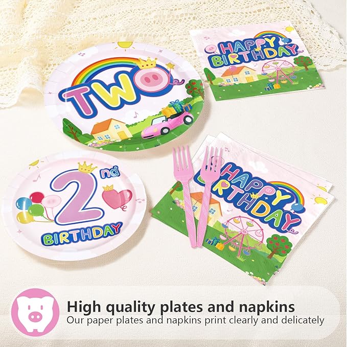96Pcs Pink Pig 2nd Birthday Party Decorations Pink Piggy Paper Plates