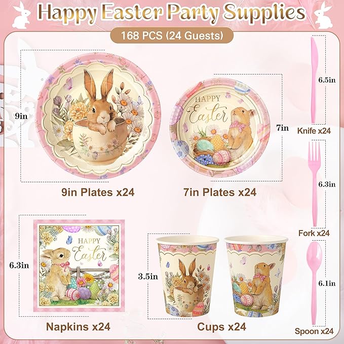 168PCS Happy Easter Party Supplies, Bunny and Eggs Paper Plates