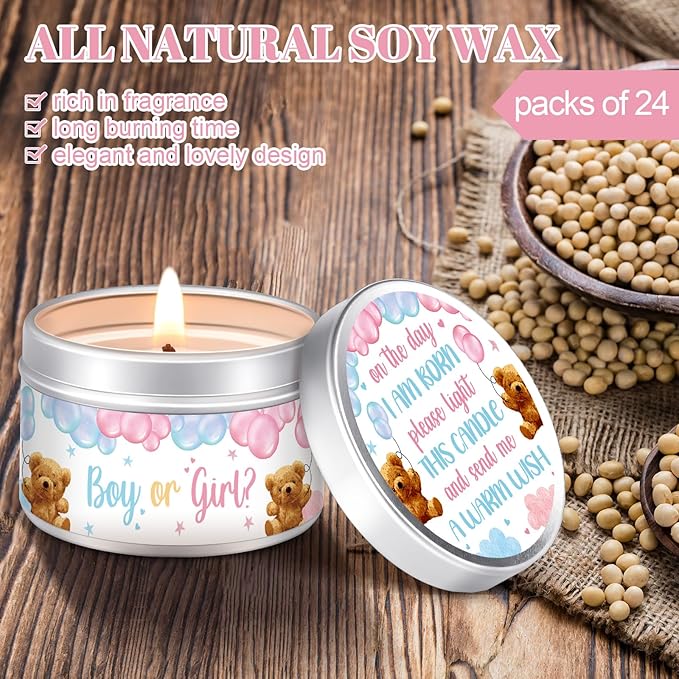 MTLEE 24 Pcs Gender Reveal Bear Baby Shower Party Favors Candles