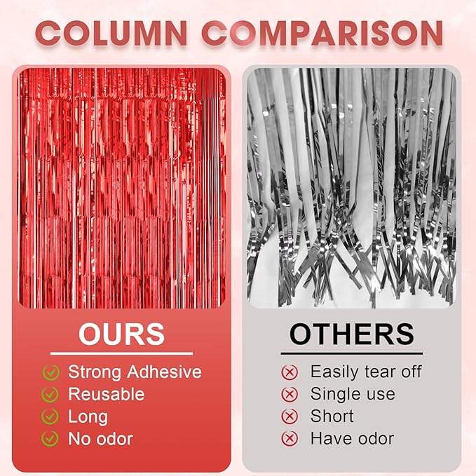 Voircoloria 2 Pack Laser Red Foil Fringe Backdrop Curtains, Tinsel