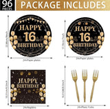 96PCS 16th Birthday Party Plates Set Black and Gold Theme Decorations
