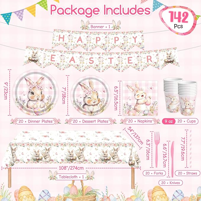 142 Pcs Happy Easter Plates and Napkins Easter Party Decorations